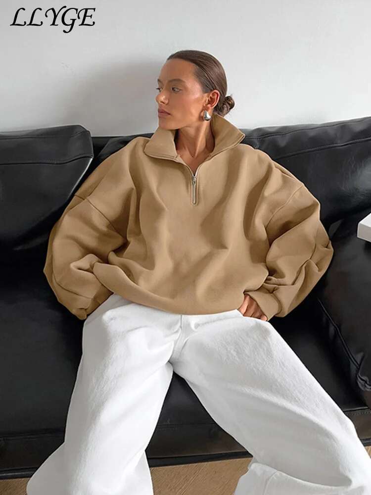 Designer Casual Lapel Women's Sweatshirt Loose Long Sleeve Zipper Patchwork Female Pullovers 2024 Autumn Lady Lazy Solid Sport Outwear