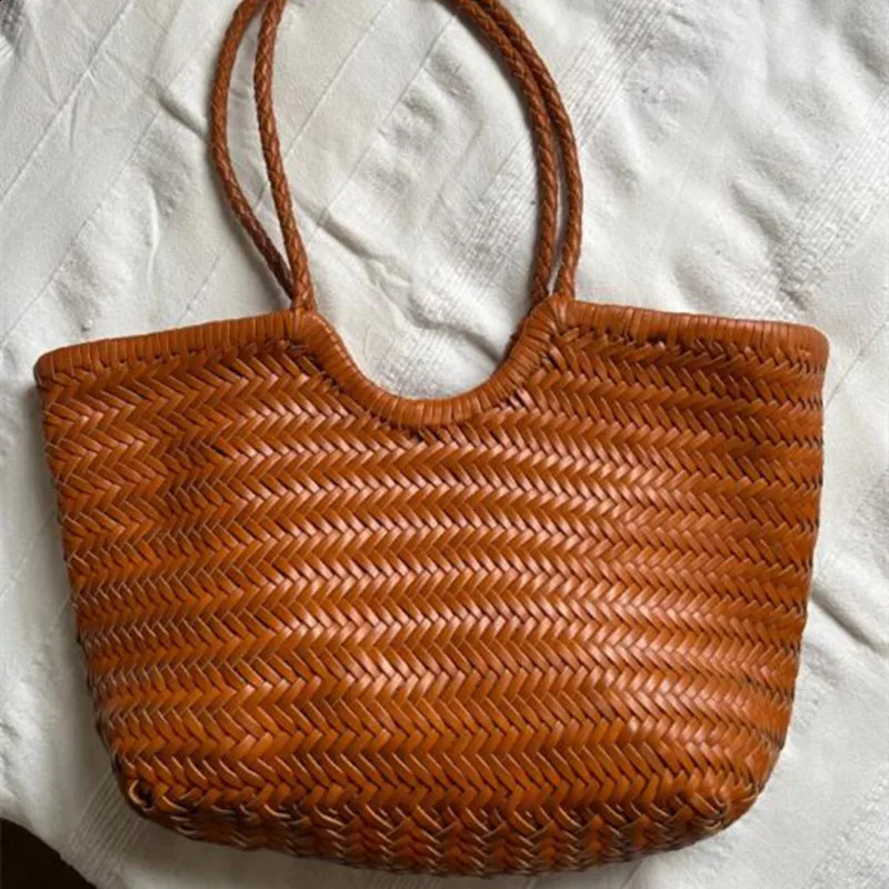 France Flower basket Handbags Womens Genuine Leather Shoulder Bag Weaving Casual Shopping Bag Vintage Big Tote Purse 250305