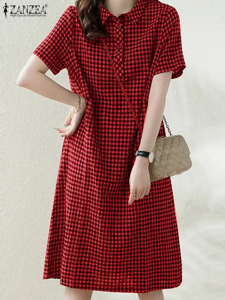 ZANZEA Women Plaid Long Shirt Dress Summer Short Sleeve Midi Dress Fashion Office Lapel Neck Robe Casual Loose Lady Dress 250226