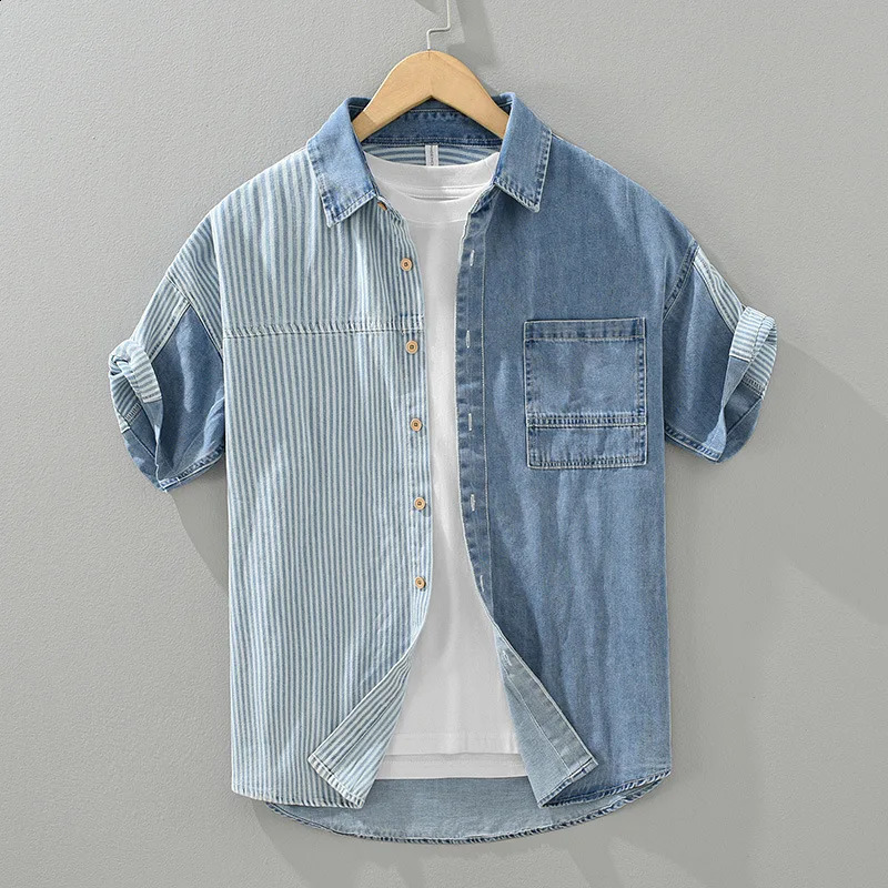 Denim Shirt Man Original Mens Shirts and Blouses Korean Clothes Beach Tiki Hawaiian Short Sleeve Clothing Tshirts 250226