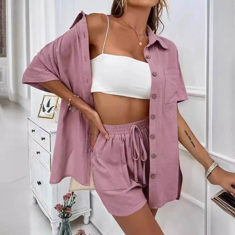 Solid color single chest casual loose shorts set womens summer womens 2-piece set full set womens clothing 250228