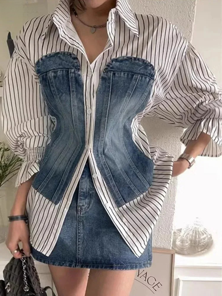 Korean Fashion Denim Patchwork Long Sleeve Striped Blouse Slim Single Breasted Temperament Women Shirt Spring 2025 Autumn