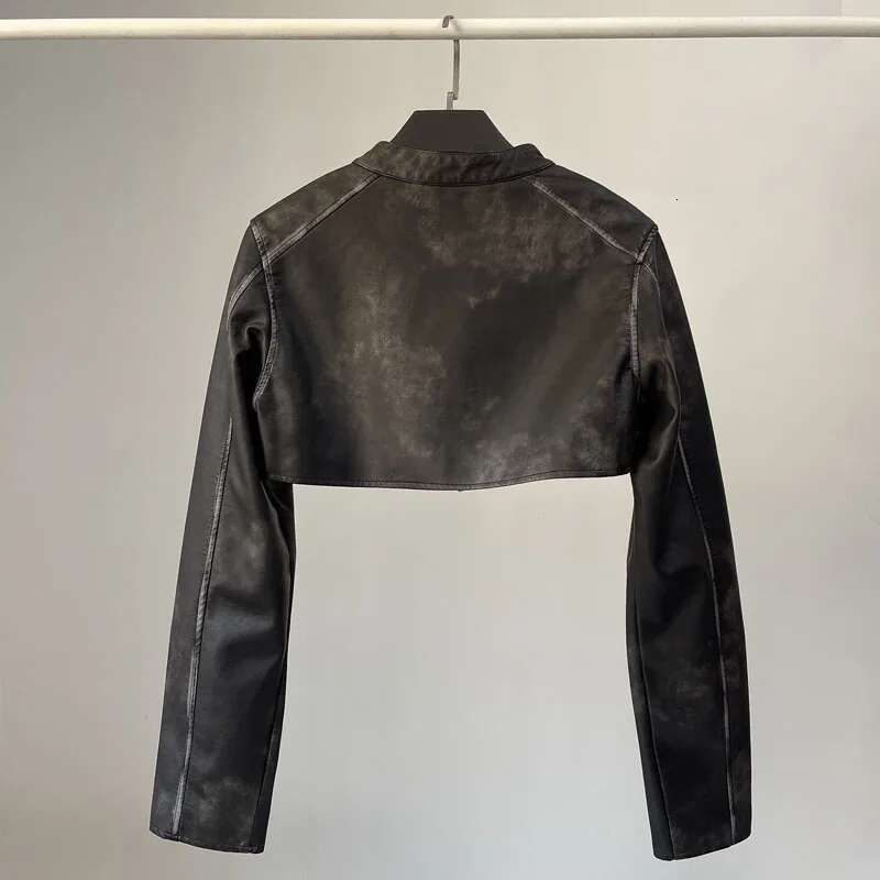 Black Brown Biker Faux Leather PU Spicy Girl Smock Cropped Zipper Jackets Short Coat Women Rave Outfits Kpop Streetwear