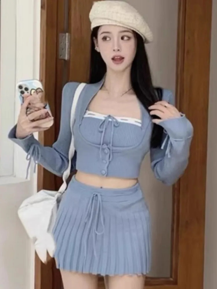 Y2k Sweet Outfits Woman Solid Knitted Cropped Patchwork Vest Slim Cardigan Mini Pleated Skirt Spring Korean Chic 3 Piece Set 250225