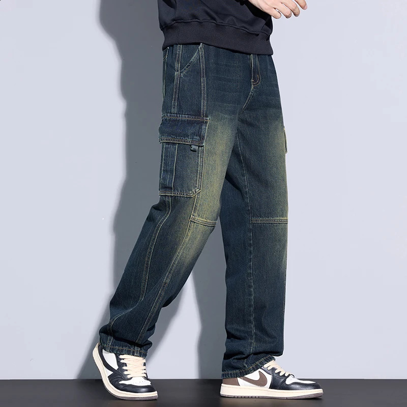 Mens 97% Cotton Straight Cargo Jeans Trendy Multi-pocket Nostalgic Loose Trousers Mens American Vintage Fashion Denim Pants 250226