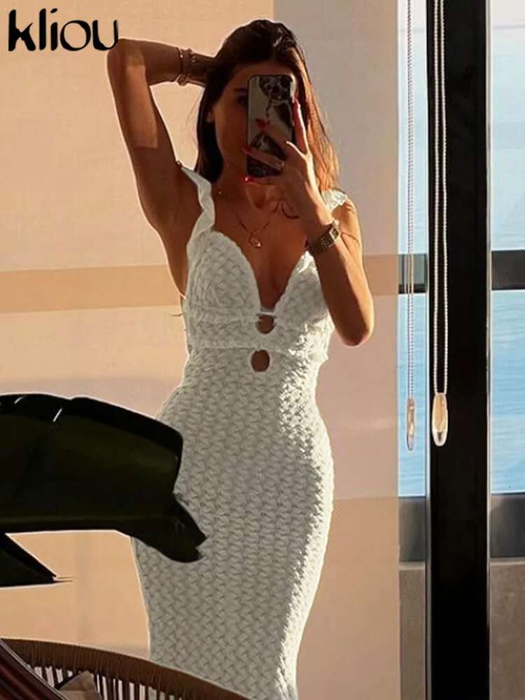 Kliou Patchwork Long Dress Women Summer Concise Romantic Ruffle Sexy Backless Crochet Vestidos Fashion Mujer Party Evening Wear