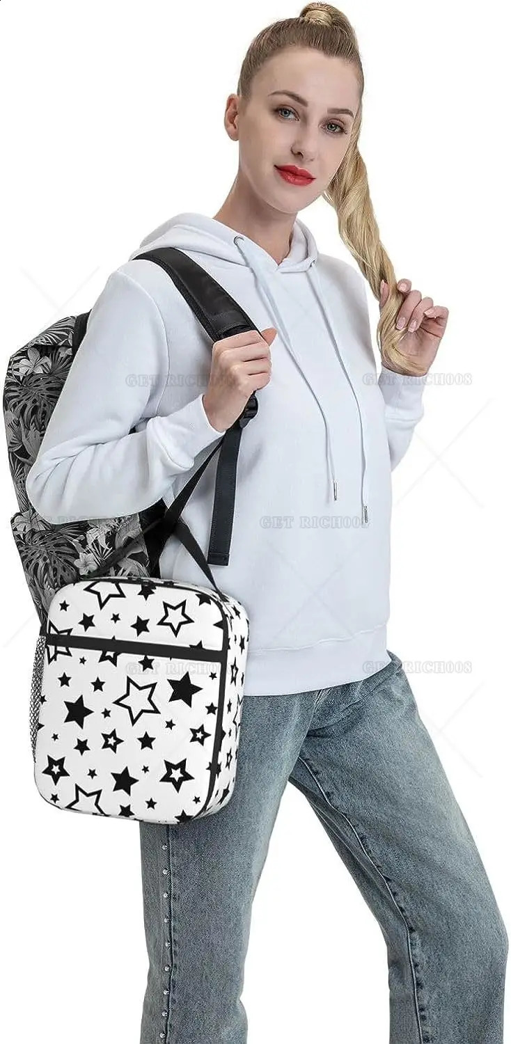 Black Stars In White Portable Lunch Bag Insulated Lunch Box Reusable Totes for Women Men Work Picnic Camping One Size 250228