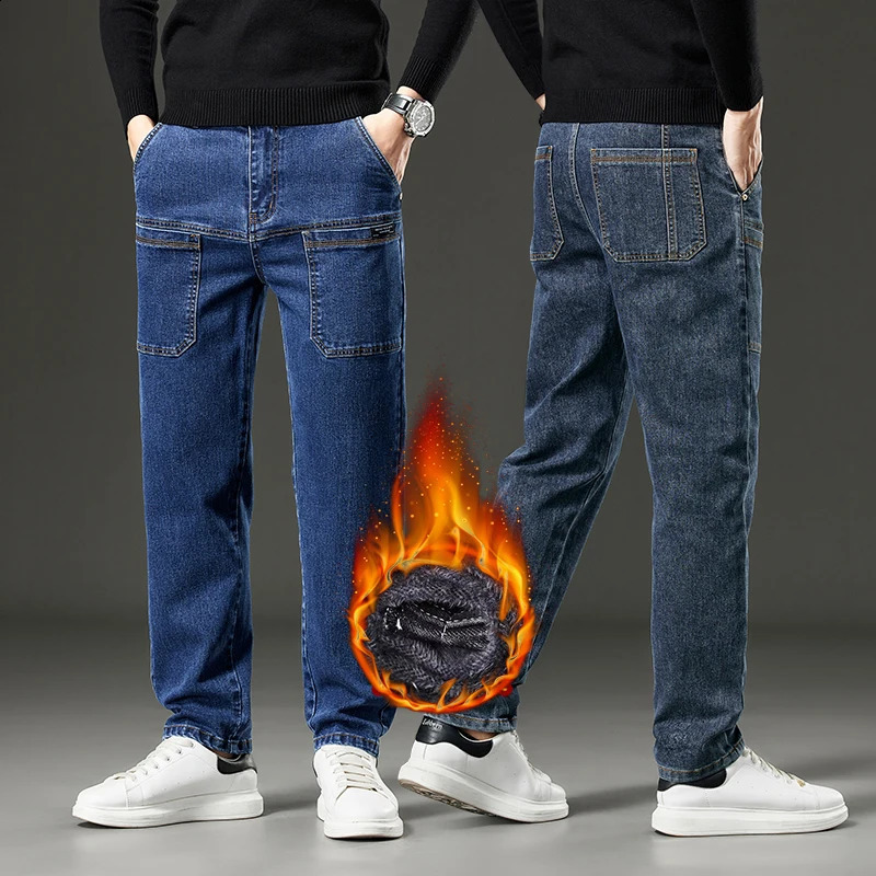 Winter Fleece Men Jeans Cargo Denim Pants Thicken Warm Korea Fashion Pocket Denim Pants Straight Plush Jean Womens Streetwear 250226