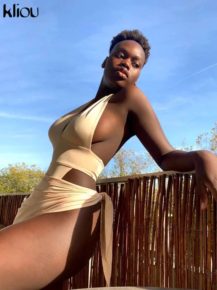 Kliou Solid Deep V Sexy Two Piece Sets Midnight Club Halter Top And Skirt Backless Summer Partywear Hollow Out Ruched Women Set