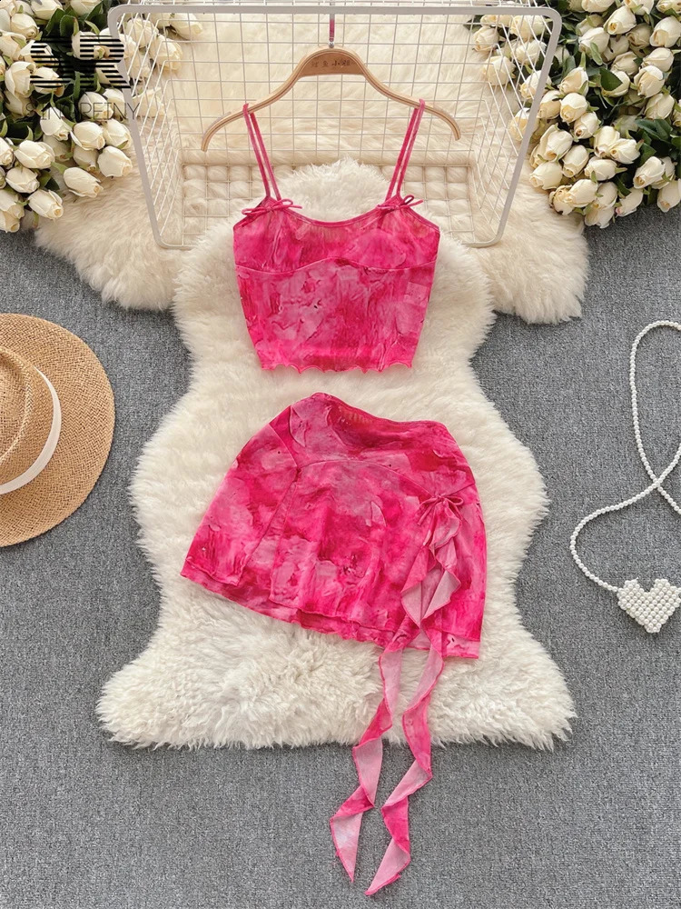 SINGREINY Fashion Sexy Two Piece Set Women Strap Camisole Ruffles Elastic Waist Mini Skirt Vacation Summer Slim Pink Suit 250228