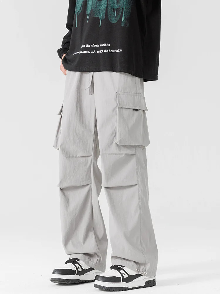 Plus Size 10xl Mens Straight Cargo Pants Spring Summer Ice Silk Cool Multi-Pockets Streetwear Wide Leg Baggy Straight Trousers 250228
