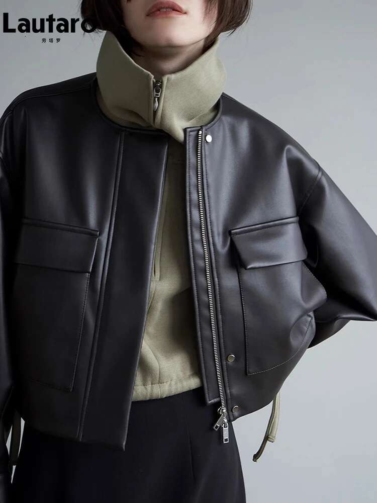 Designer Autumn Cool Oversized Short Black Soft Pu Leather Jacket Women With Front Pockets Long Sleeve Designer Clothing