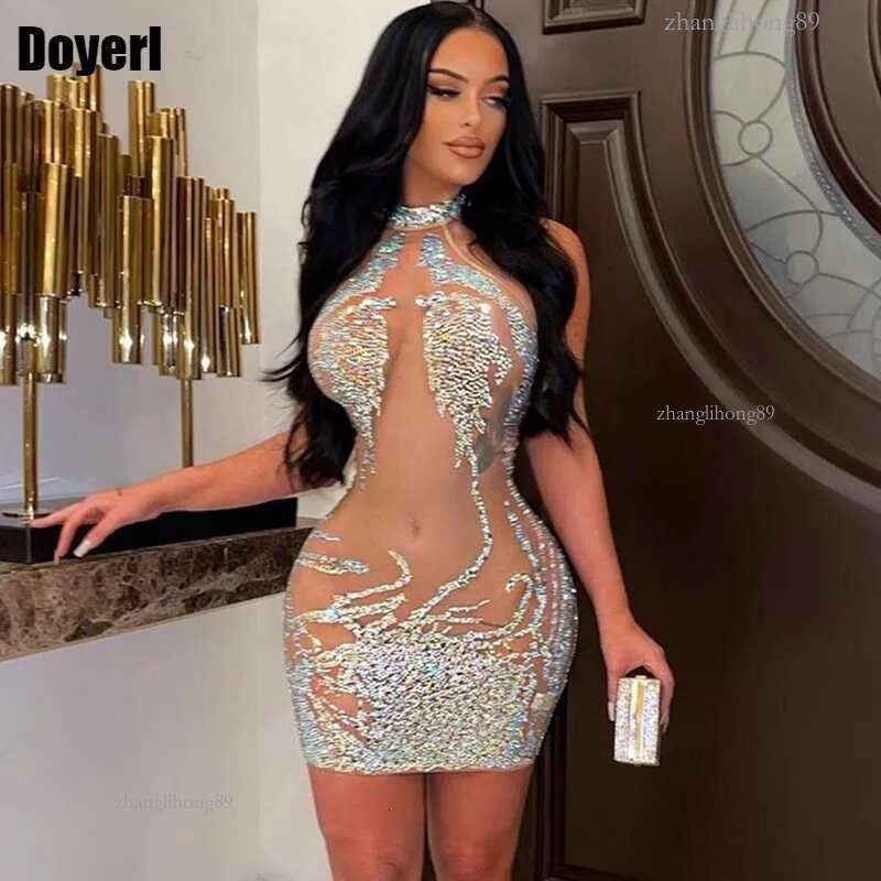 Mesh Casual Sheer Dresses See Through Sexy Party Dress For Women Party Club Night Mini Bodycon Dress Luxury Rhinestone Sparkly Birthday Dress T2