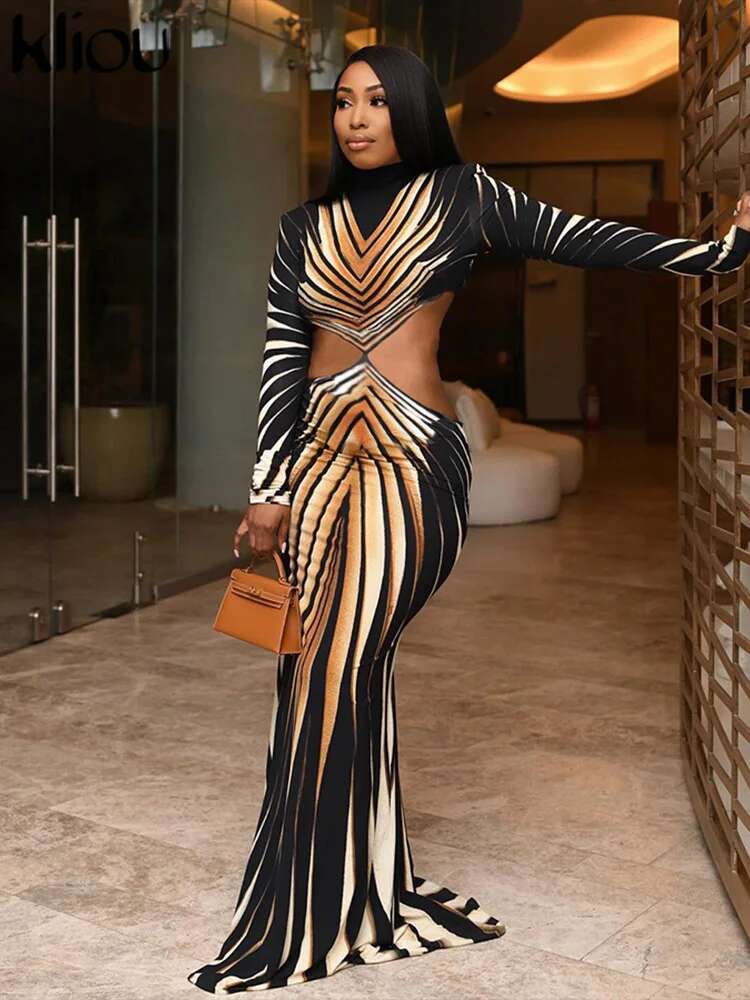 Kliou Stunning Print Women Maxi Dress Autumn New 2024 Panelled Long Sleeve Stand Collar Waistless Bodycon Female Party Vestidos
