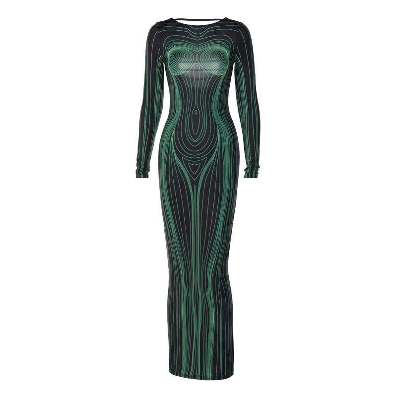 Women's New4 Summer New Fashion Print Backless Slim Fit Round Neck Long Sleeved Dress