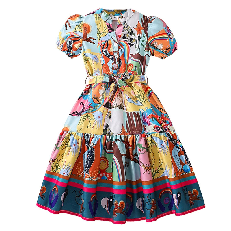 Graphic Dress For Tween Girls 8-12 Years Allover V-Neck Puff-Sleeve Shirt Dress Trendy Preteen Kids Summer Casual Clothes D256