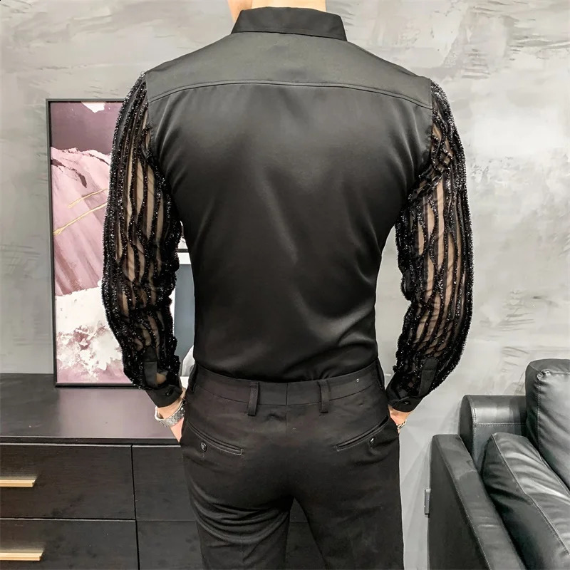 Lace Hollow Shirts for Men Long Sleeve Slim Fit Streetwear Social Party Blouse Nightclub Singer Dj Clothing Shirts For Men 250226