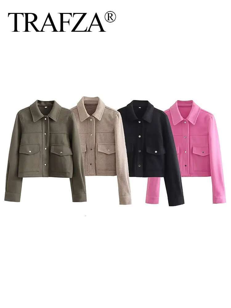 TRAFZA 2024 Autumn Winter Female Street Fashion Solid Jackets Causal With Pockets Button Turn Down Collar Elegant Coats