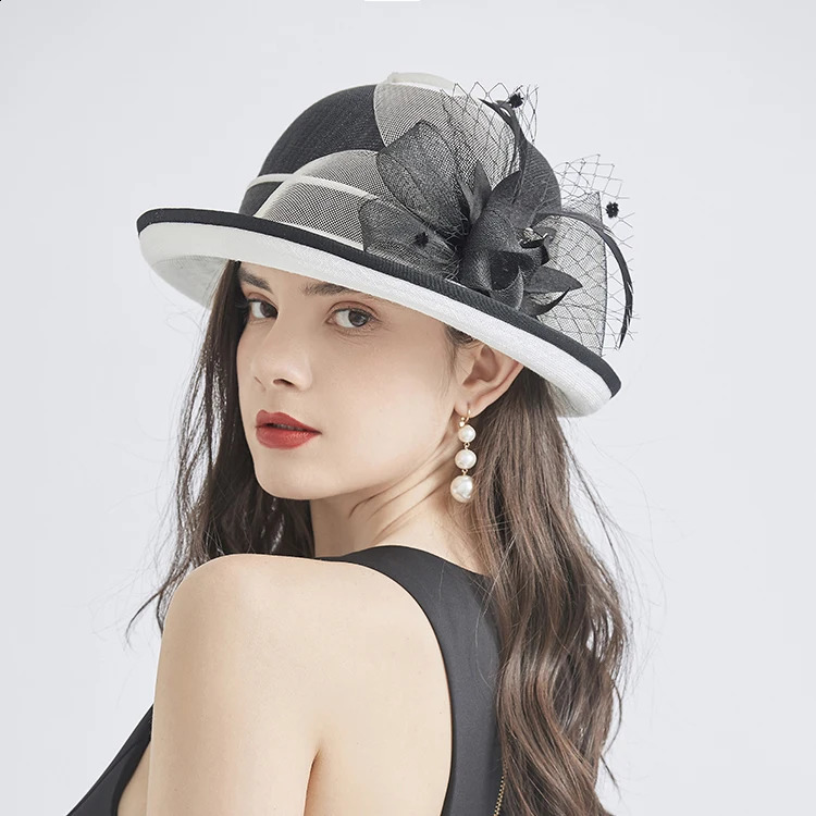 Summer Straw Hat For Women Elegant Charming Flower Party Church Britain Retro Curl Brim Sunbonnet Outdoor Sunshade Beach Cap 250228
