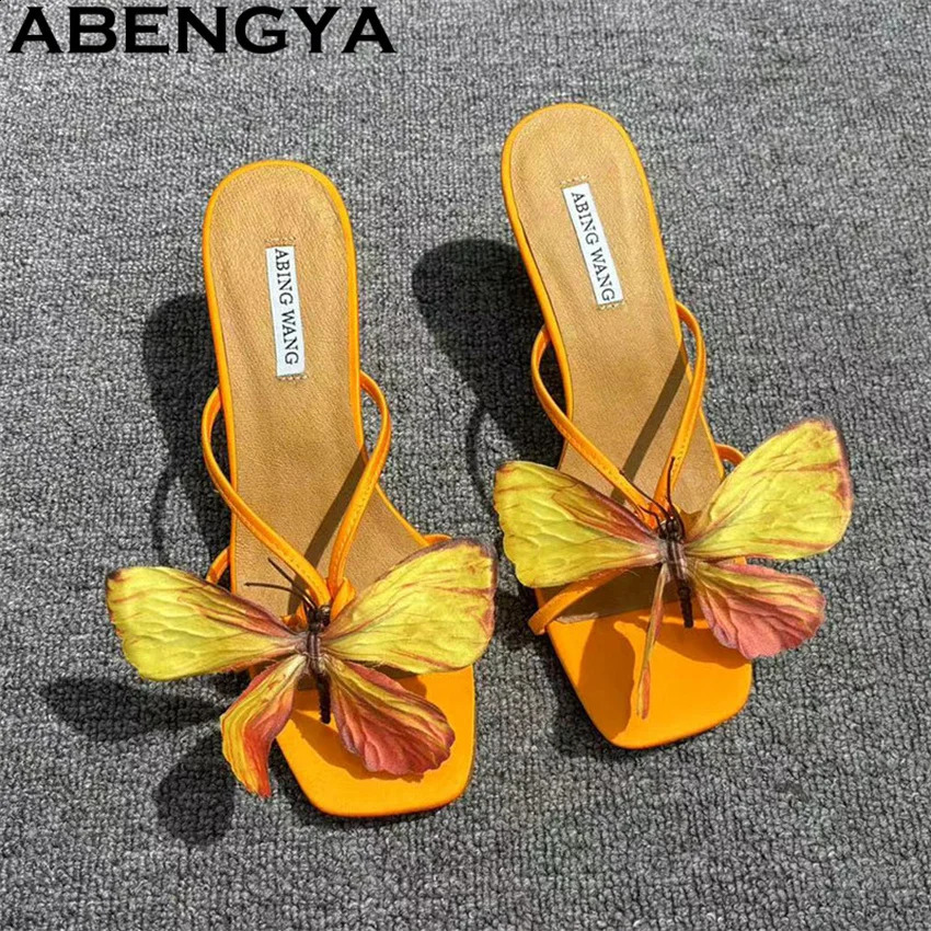 Multicolor Beautiful Butterfly Flip Flops Mules Slippers Women Square Open Toe Thin High Heels Flower Sandals Woman Summer 250228