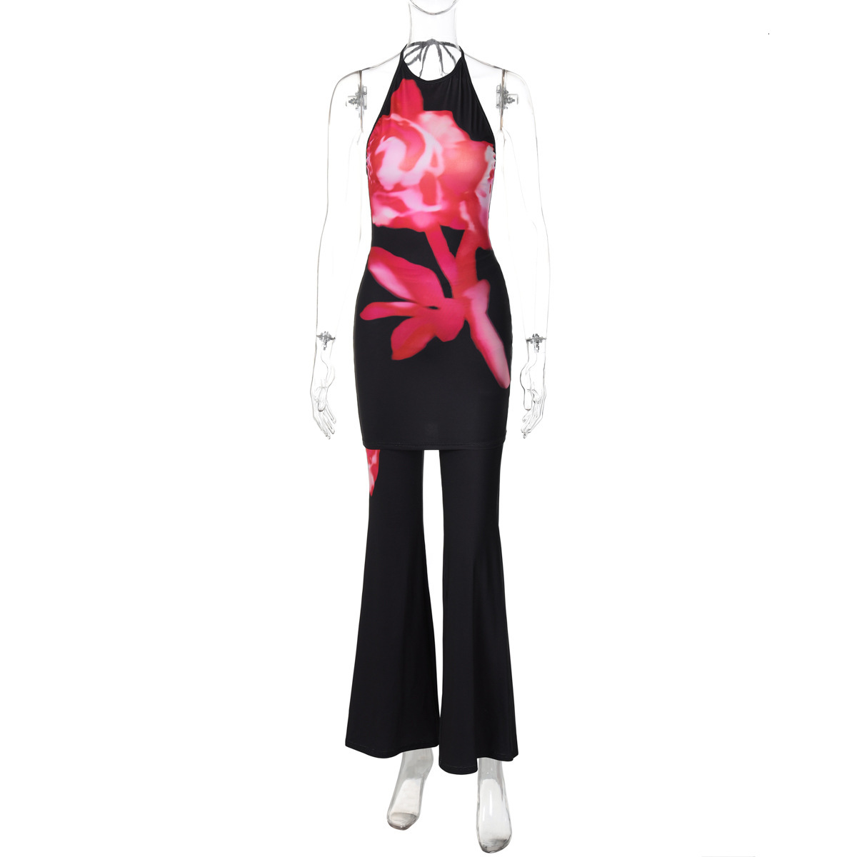 New4 Autumn New Sexy Hot Girl Hanging Neck Sleeveless Dress Slim Fit Pants Print Set For Women