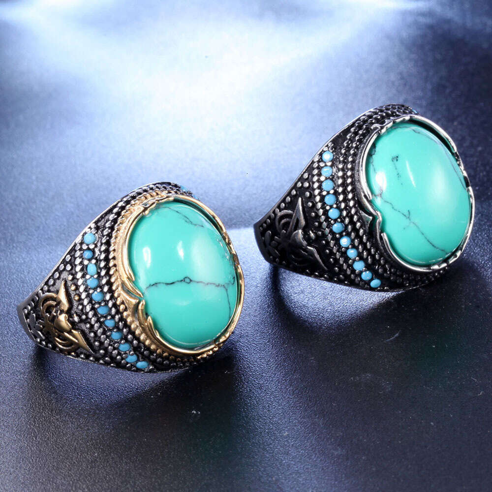 Feiyu turquoise, exaggerated personality, silver plated gold two-color men's fashion bracelet ring, ring