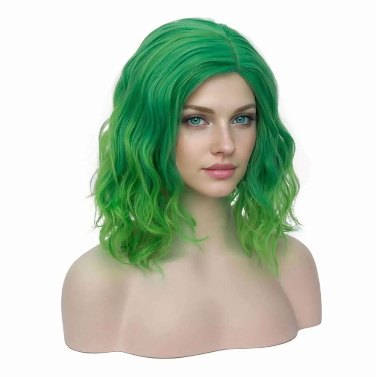 Synthetic Short Curly Bob Wavy Girls Ombre Green 14" Body Wave Shoulder Length Hair Wig Halloween Cosplay Daily Party Wigs