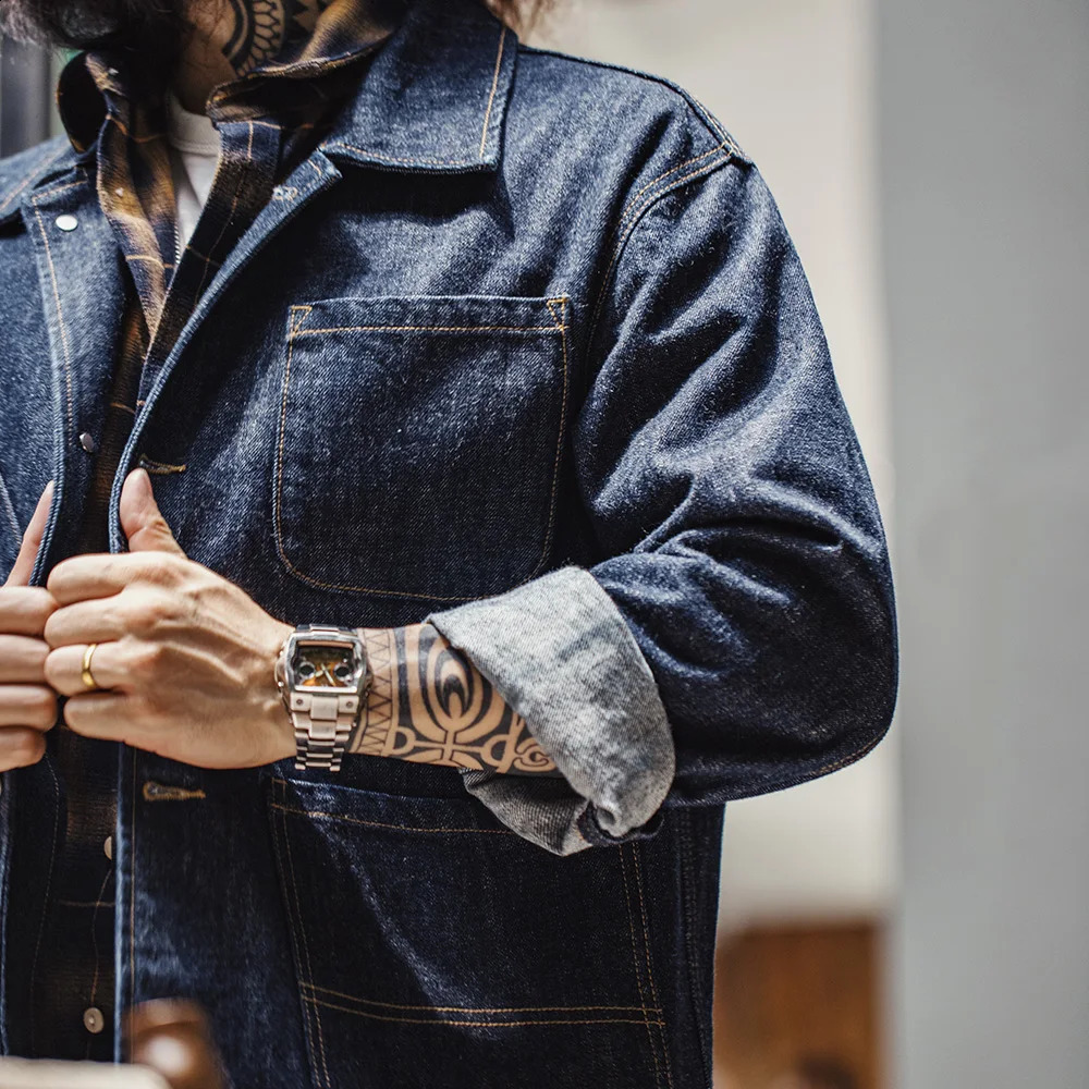 Maden Retro Fourpocket 14oz Lapel Jacket Singlebreasted Denim Navy Blue Cotton Work Coat for Mens Autumn Solid Tops 250225