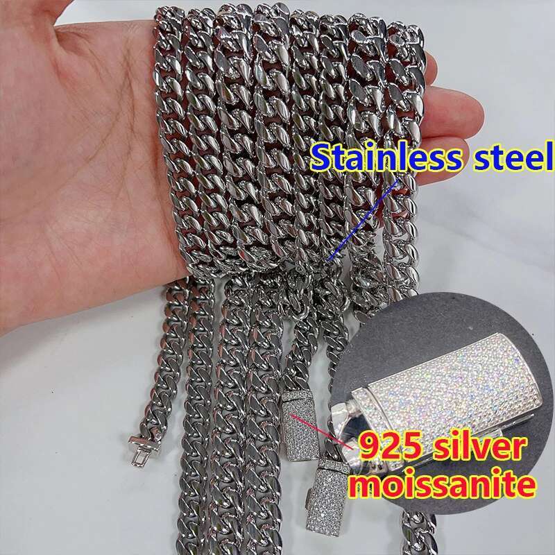 Unisex 8-12mm Moissanite Cuban Necklace Bracelet For Men Women Stainless Steel Chain Sier Buckle HipHop Classic