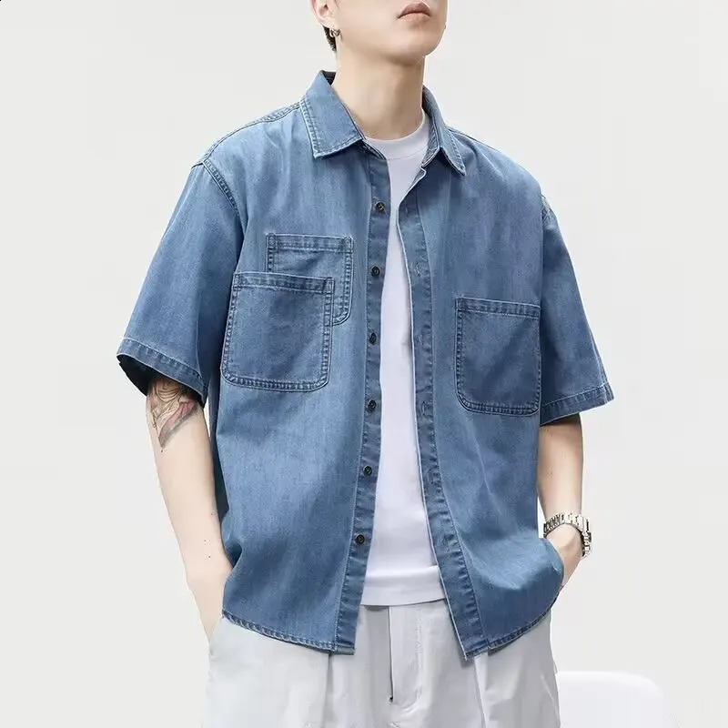 GIOIODenim shirt for men2025Spring Summer Loose MultiPocket Cargo Denim Casual Shirt 250226