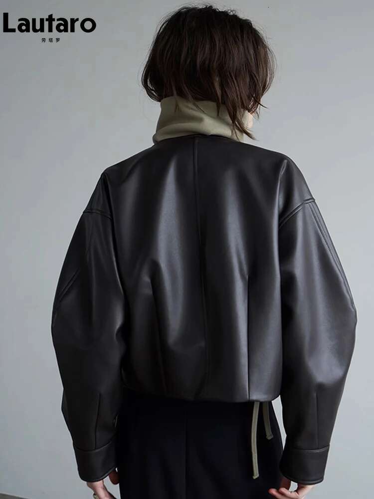 Designer Autumn Cool Oversized Short Black Soft Pu Leather Jacket Women With Front Pockets Long Sleeve Designer Clothing