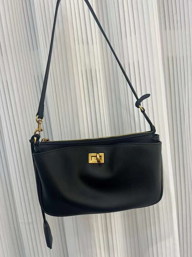 2025 Spring New Brand Rodeo Shoulder Genuine Leather Black Handbags Women Fashion Gold Buckle Underarm Bags