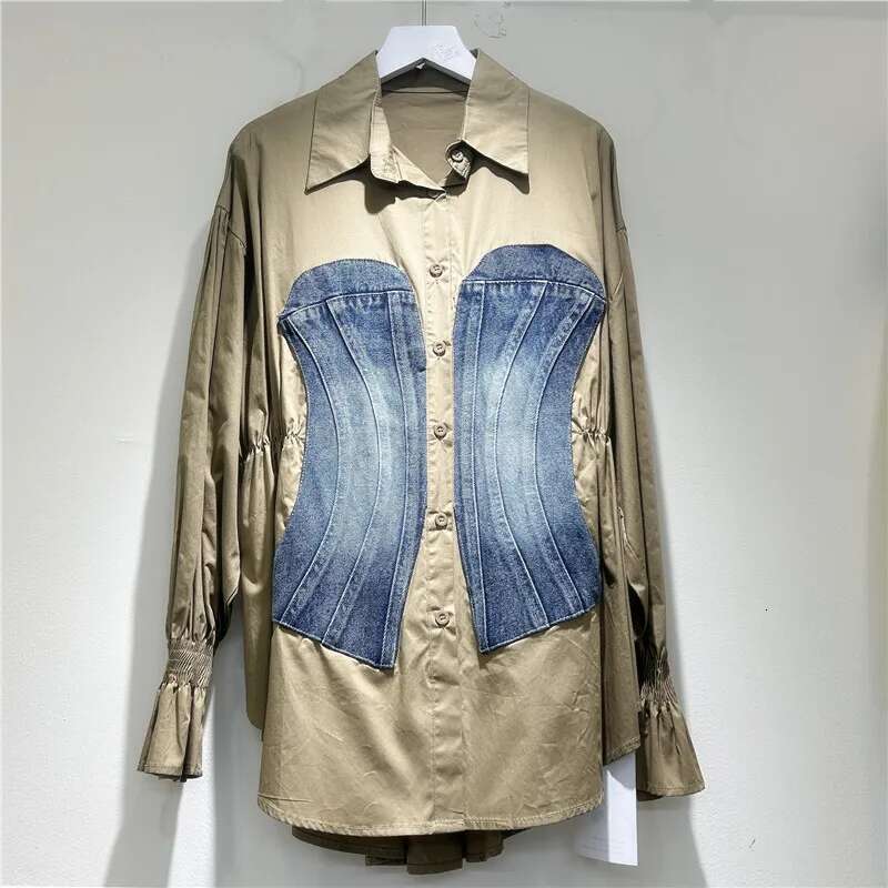 Korean Fashion Denim Patchwork Long Sleeve Striped Blouse Slim Single Breasted Temperament Women Shirt Spring 2025 Autumn