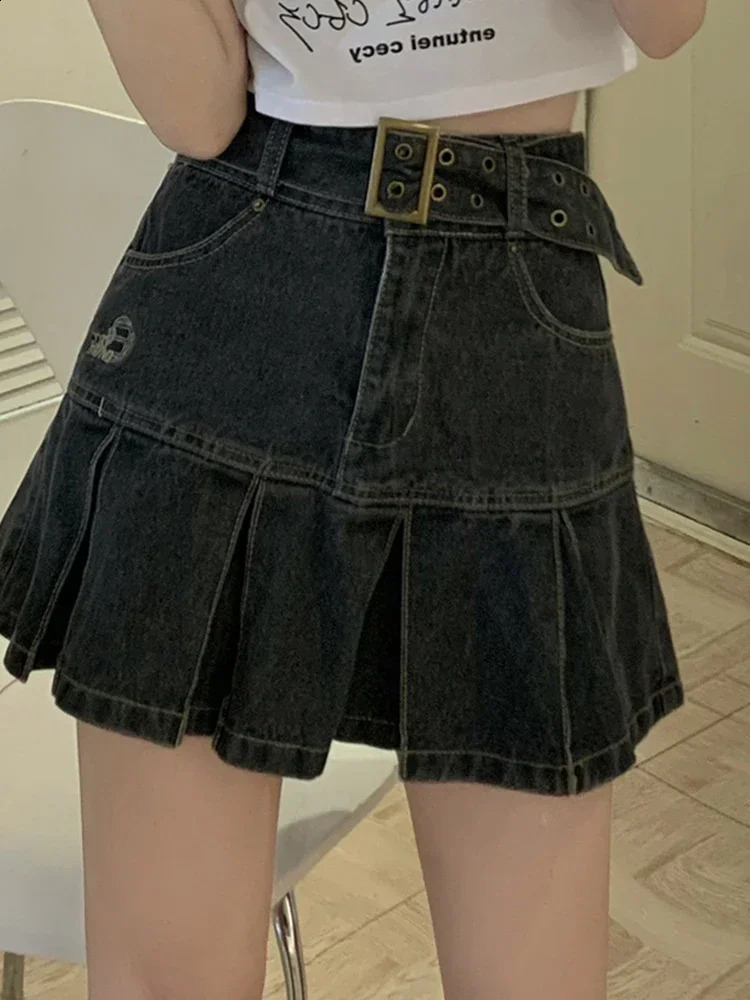 Denim Skirt High Waist Black Mini Skirt Pleated Korean Fashion Gyaru Clothes Summer Y2k Streetwear Vintage Womens Clothes 250228