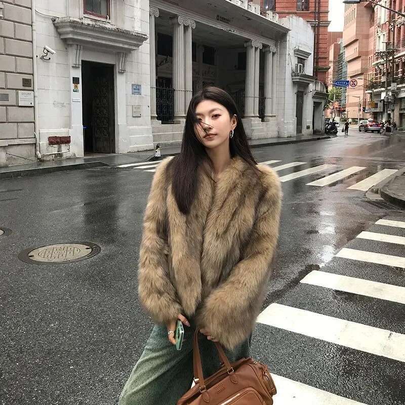 New Korean Fashion High End Fox Coat for Winter Clothes V-neck Warm Brown Short Fur Jackets Women Tops