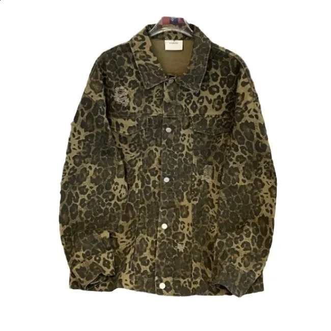 Trendy Leopard Slipsdenim Jacket For Men And Women Casual Loose-Fit Hip Hop Style Niche Heavy Duty Distressed Jacket 250228