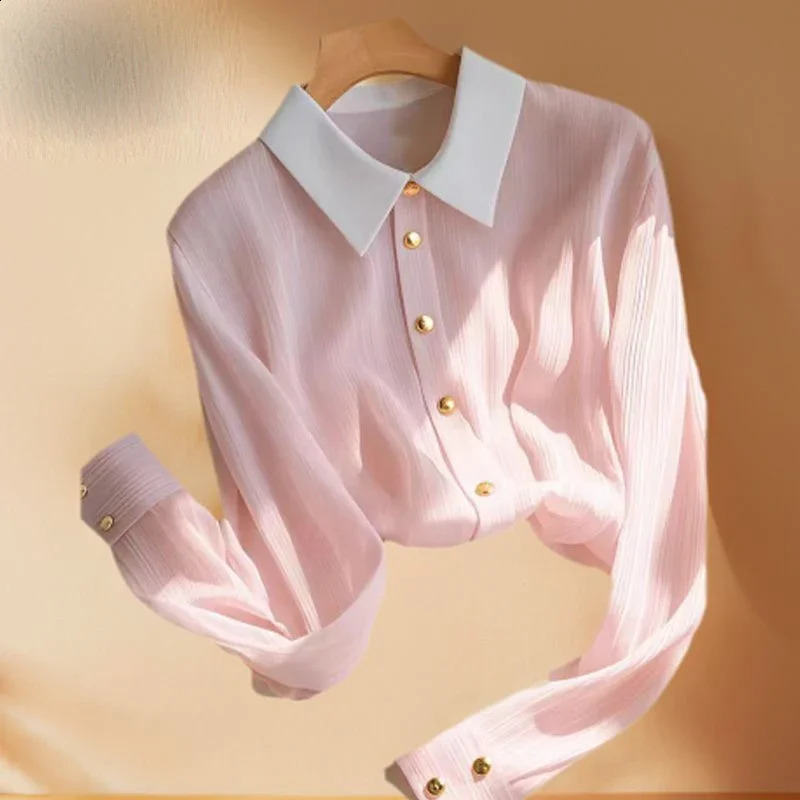 Long Sleeve Pink Shirt Spring Autumn Gentle Style Casual Loose Blouse Chic Tops Youthful Sweet Fashion Clothes for Women 250224