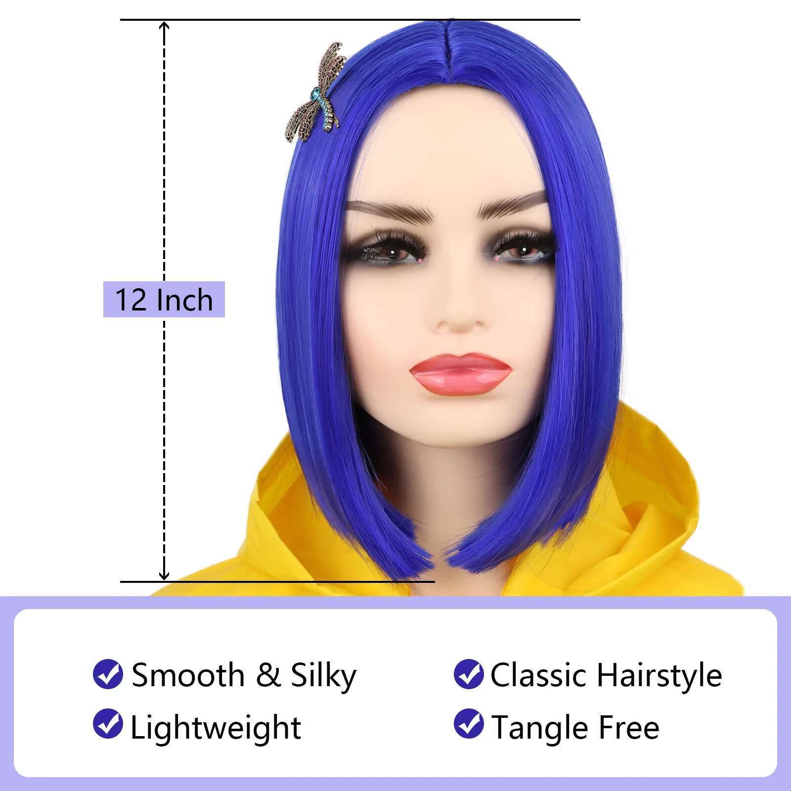 Corae Blue Short Straight Bob Wig Heat Resistant Synthetic Wigs For Halloween Cosplay Party