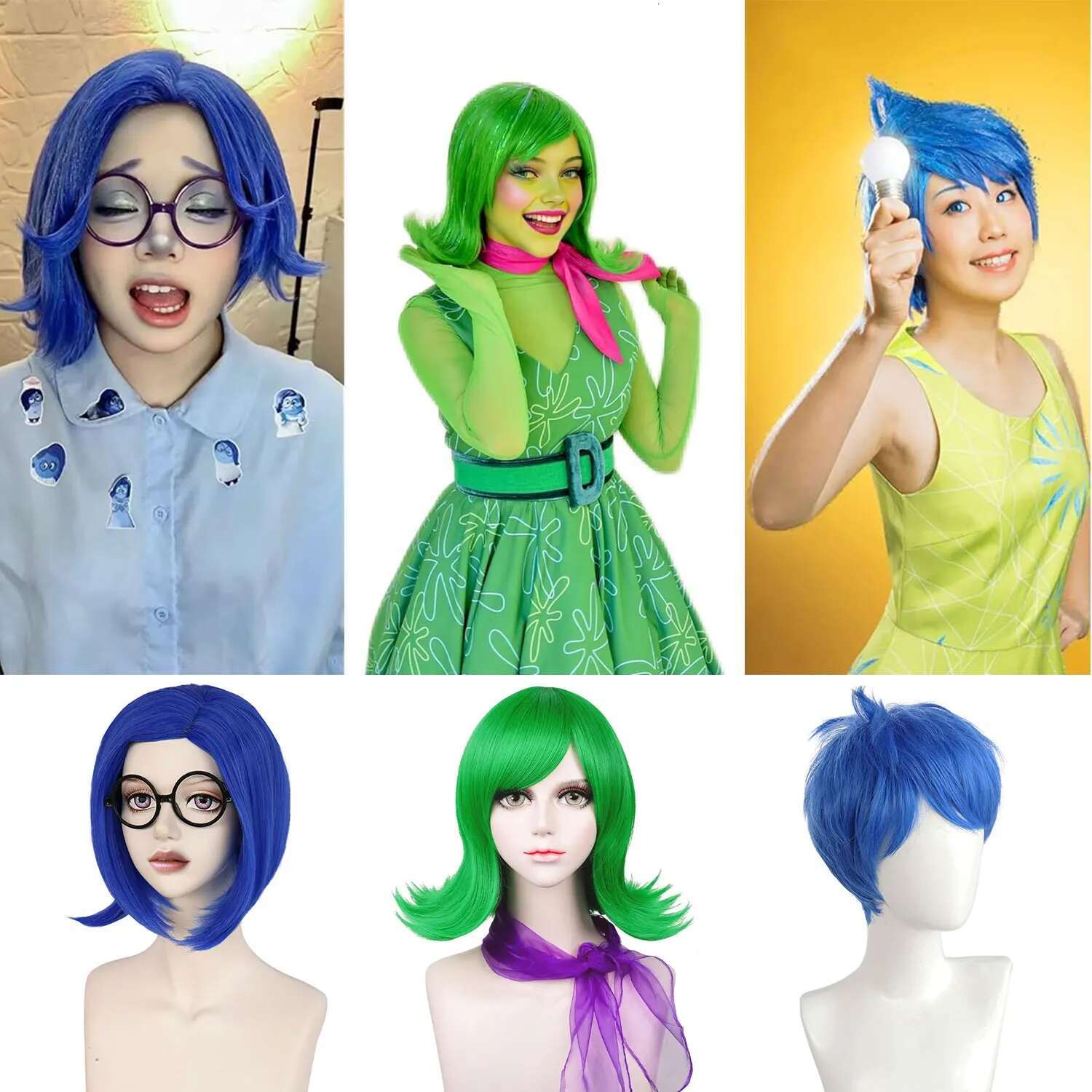 Wavy Cosplay Wig Short Synthetic Green Flip Out Hair With Purple Scarf For Women Costume Halloween Dress Up Party