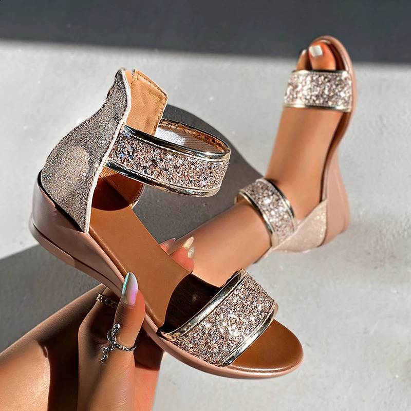 Shiny Crystal Wedge Heel Sandals Women Fashion Thick Sole Gladiator Sandals Woman Back Zipper Cover Heeled Snadalias Women 250228