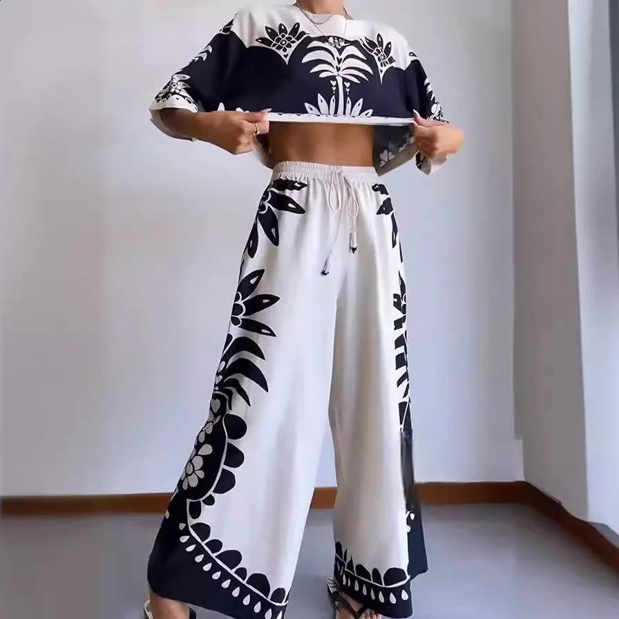 Vintage Print Woman Tank Top Trousers Suit O Neck Half Sleeved Loose T-shirt Pants 2pcs Set Elastic Waist Chic Vacation Outfit 250225
