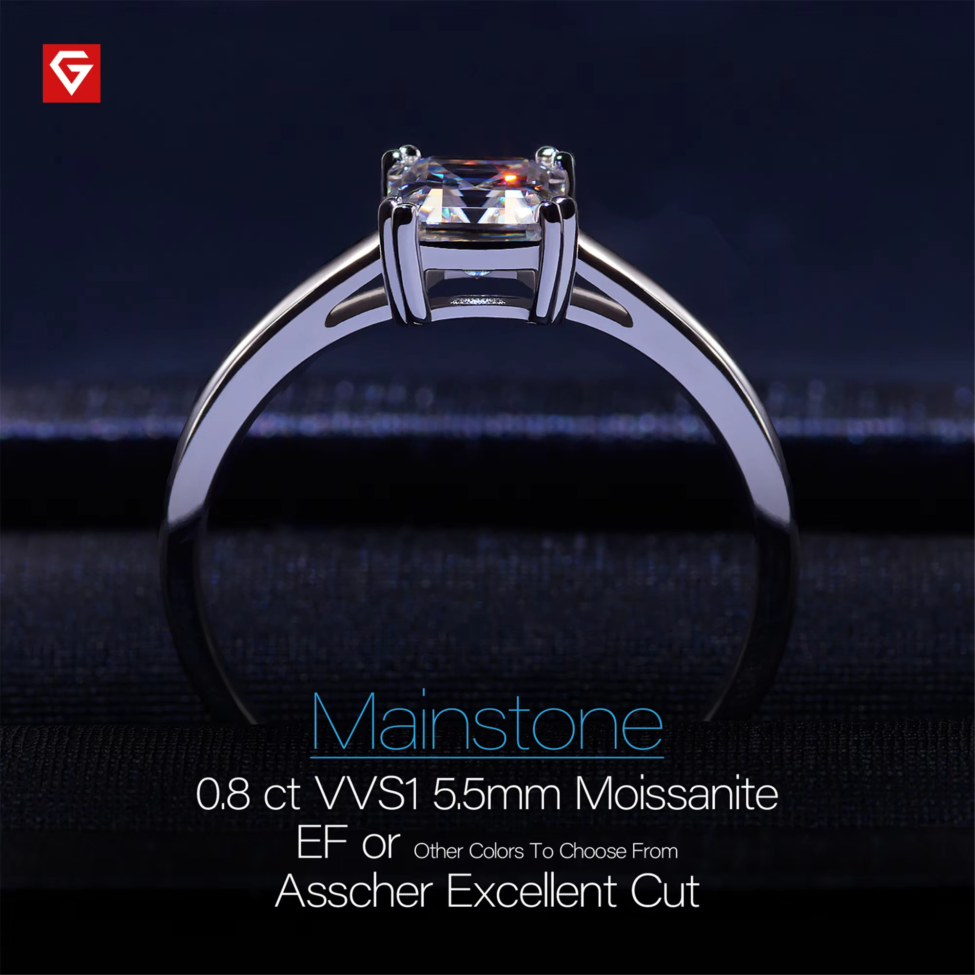 GIGEWE 0.8ct 5.5mm D and Cyan Color Asscher Cut White Gold Plated Sier Moissanite Ring