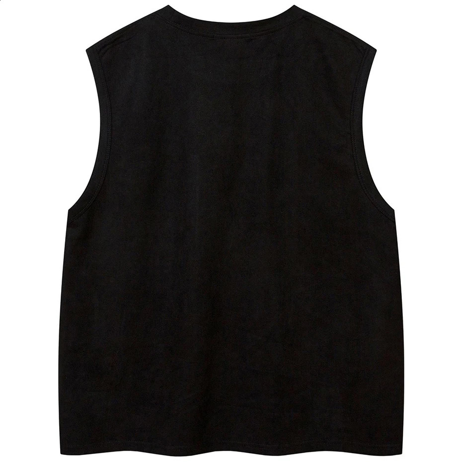 Vintage Suede Tank Top Y2K Embroidery Sleeveless Vest T-Shirt Streetwear Men Harajuku Hip Hop Loose Punk Gothic Tops Shirts 250226