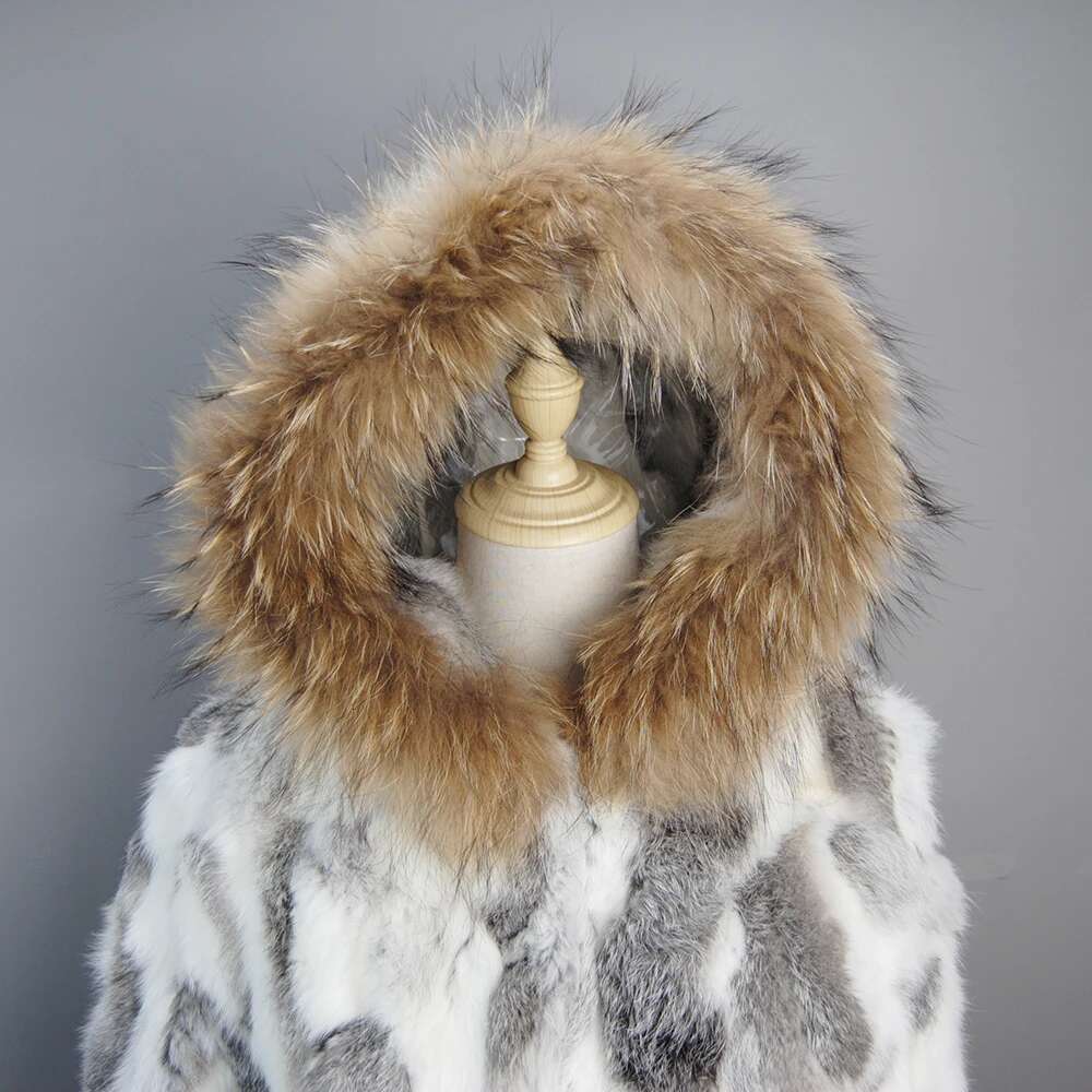 2025 Russian Women Real Coats Winter 100% Natural Rabbit Jacket Lady Warm With Raccoon Fur Hooded Outerwear