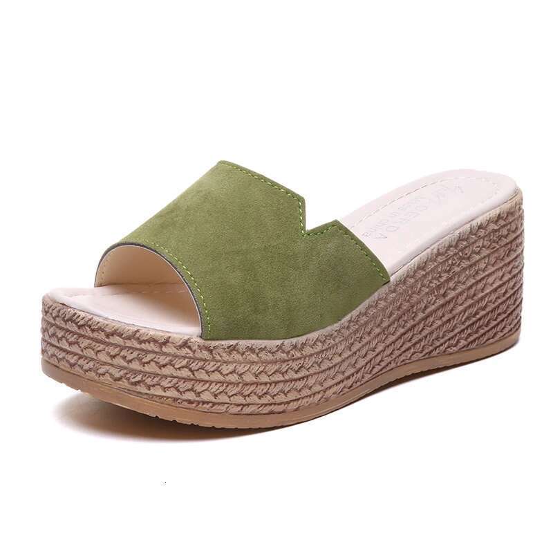 Summer 2025 Female Outside Leather Beach Slippers Platform Water Wedge Heel Cotton Fabric Heels Rubber Brief Toe Slides