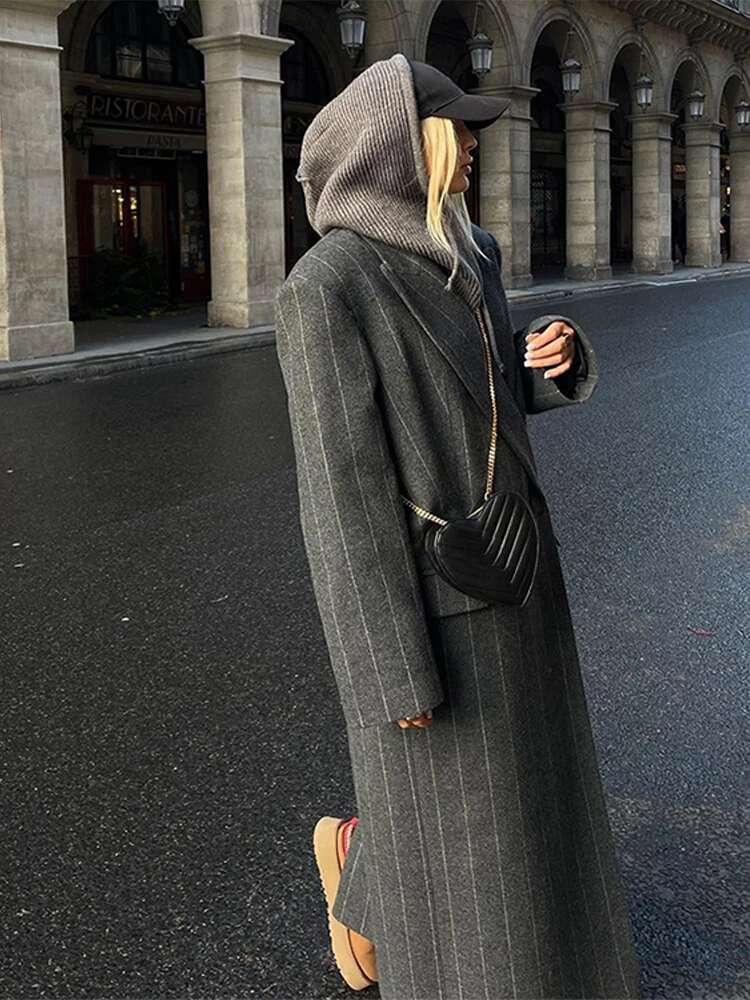 Vintage Women Stripe Woolen Overcoats Fashion Lapel Sleeves Oversized Long Coats 2024 Autumn Winter Lady Commute Jacket
