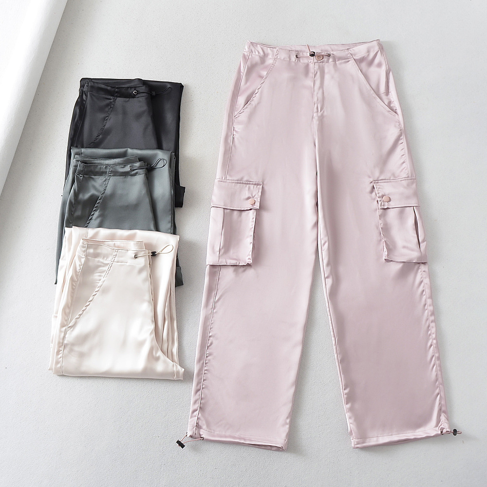 Silk Gorpcore Solid Pink Drawstring Fluid Baggy Cargo Pants Women Black Beige Gray Streetwear Trousers Bottoms