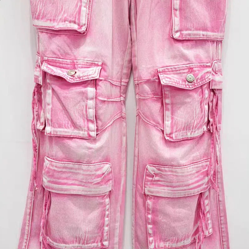 Multi pocket pink cargo jeans for women washed retro hip-hop luggage jeans casual wide leg straight jeans 250224