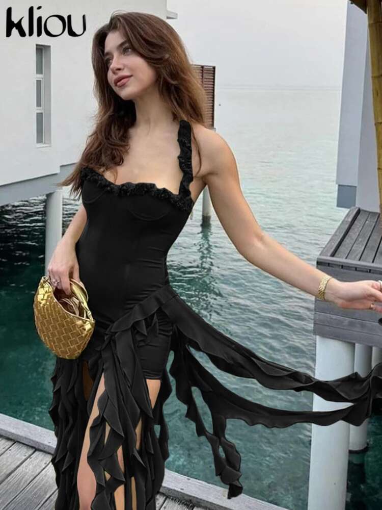 Kliou 2024 Summer New Style Women Fashion Street Shooting Pure Desire Sexy Irregular Slim With Neck Hanging Dress K24d45049
