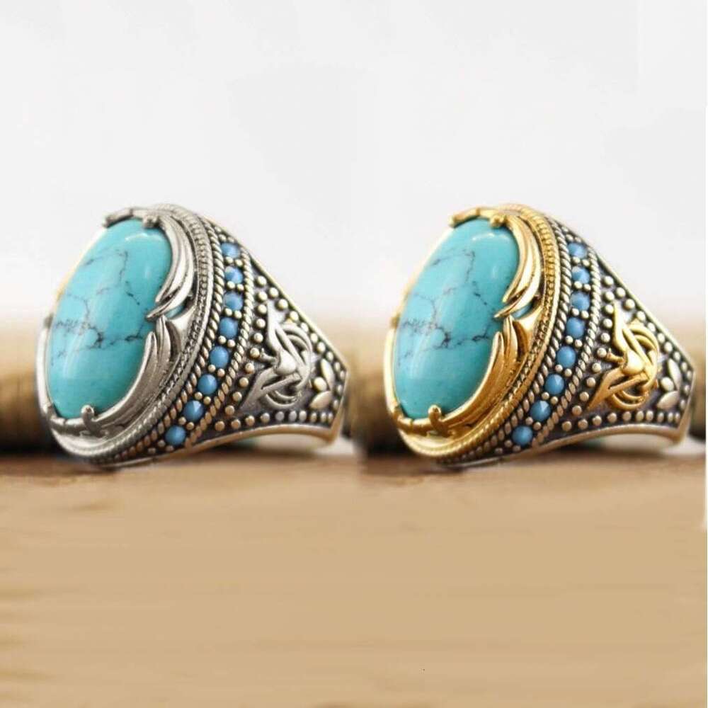 Feiyu turquoise, exaggerated personality, silver plated gold two-color men's fashion bracelet ring, ring
